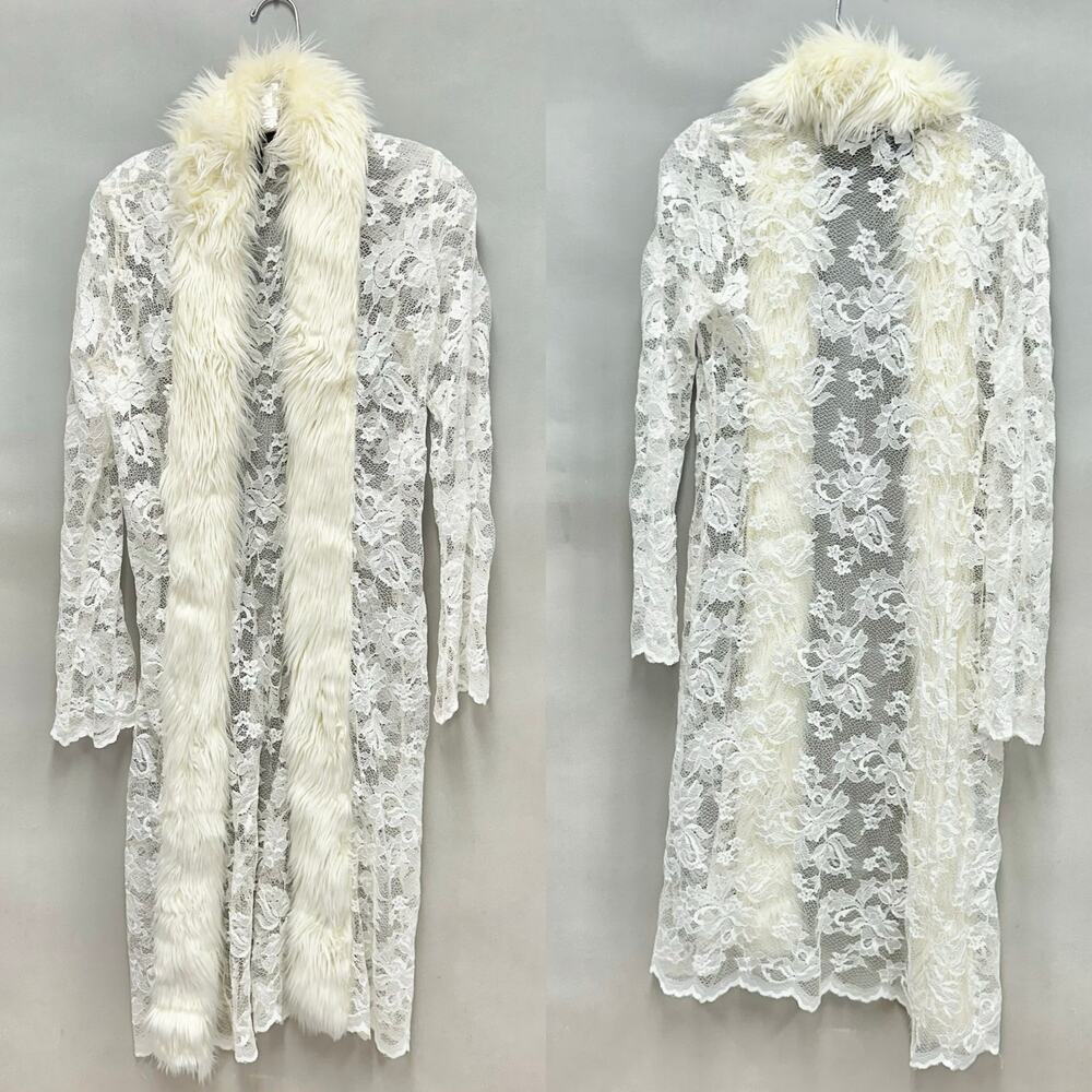 Vintage Y2k Moda International White Lace Duster Faux Fur Trim Sz XS Penny Lane - Picture 14 of 15